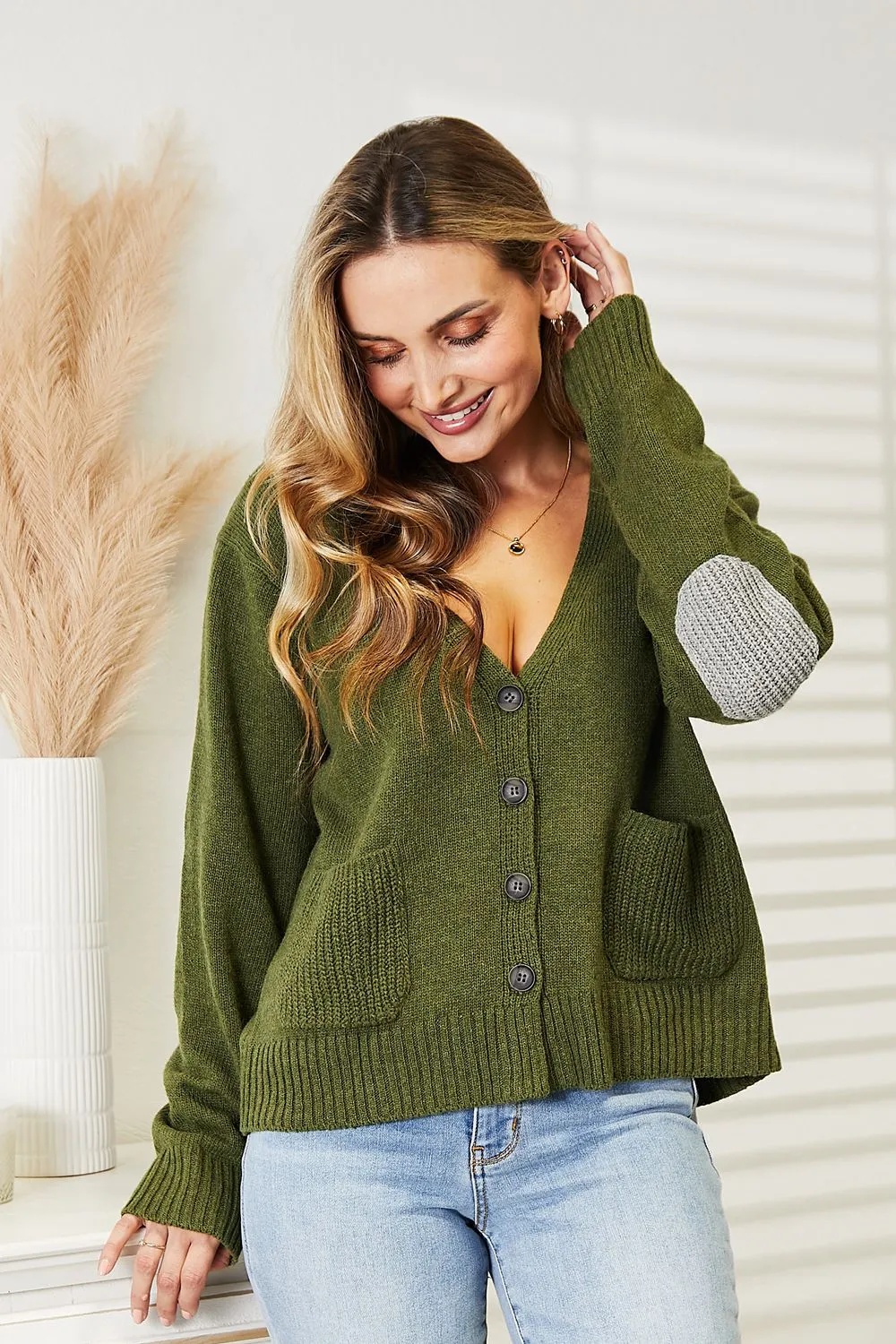 Long Sleeve V Neck Button Down Cardigan in Army Green