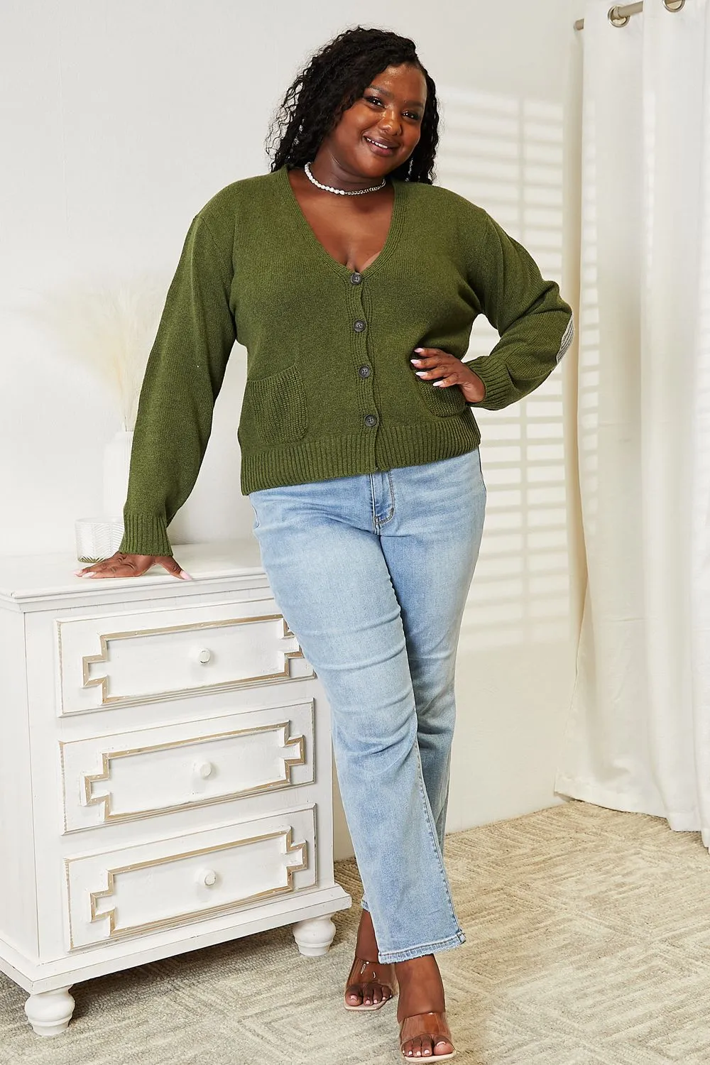 Long Sleeve V Neck Button Down Cardigan in Army Green