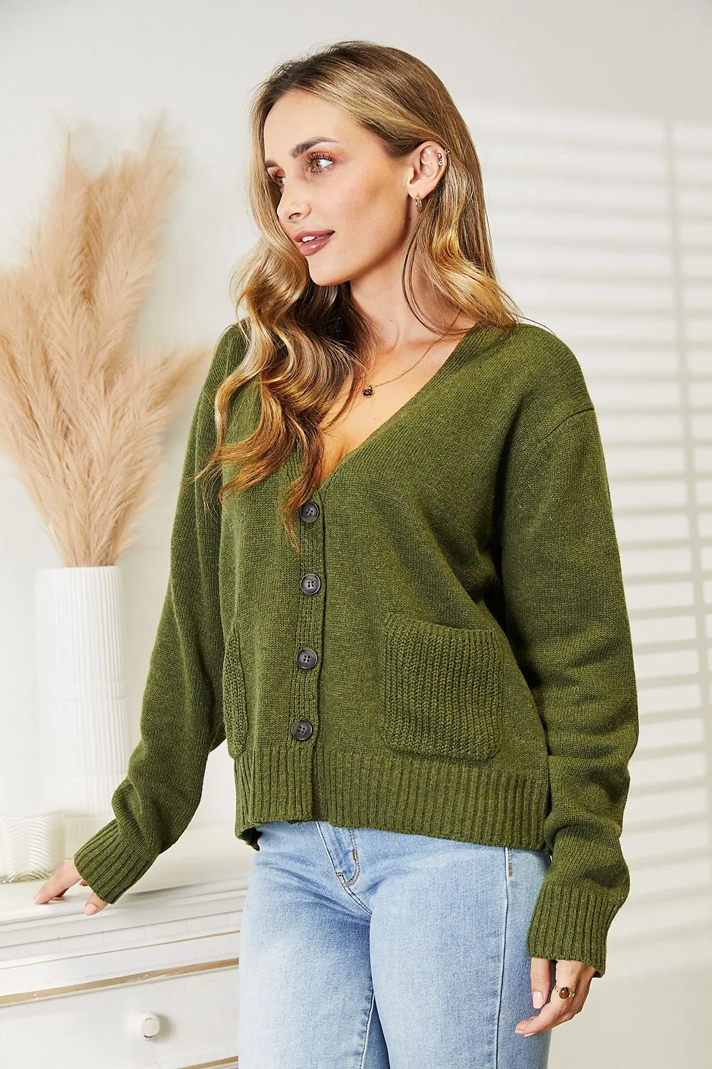 Long Sleeve V Neck Button Down Cardigan in Army Green