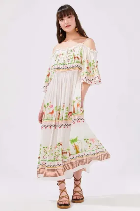 Memories of Utopia Off the Shoulder Viscose Crepe Gathered Dress in White