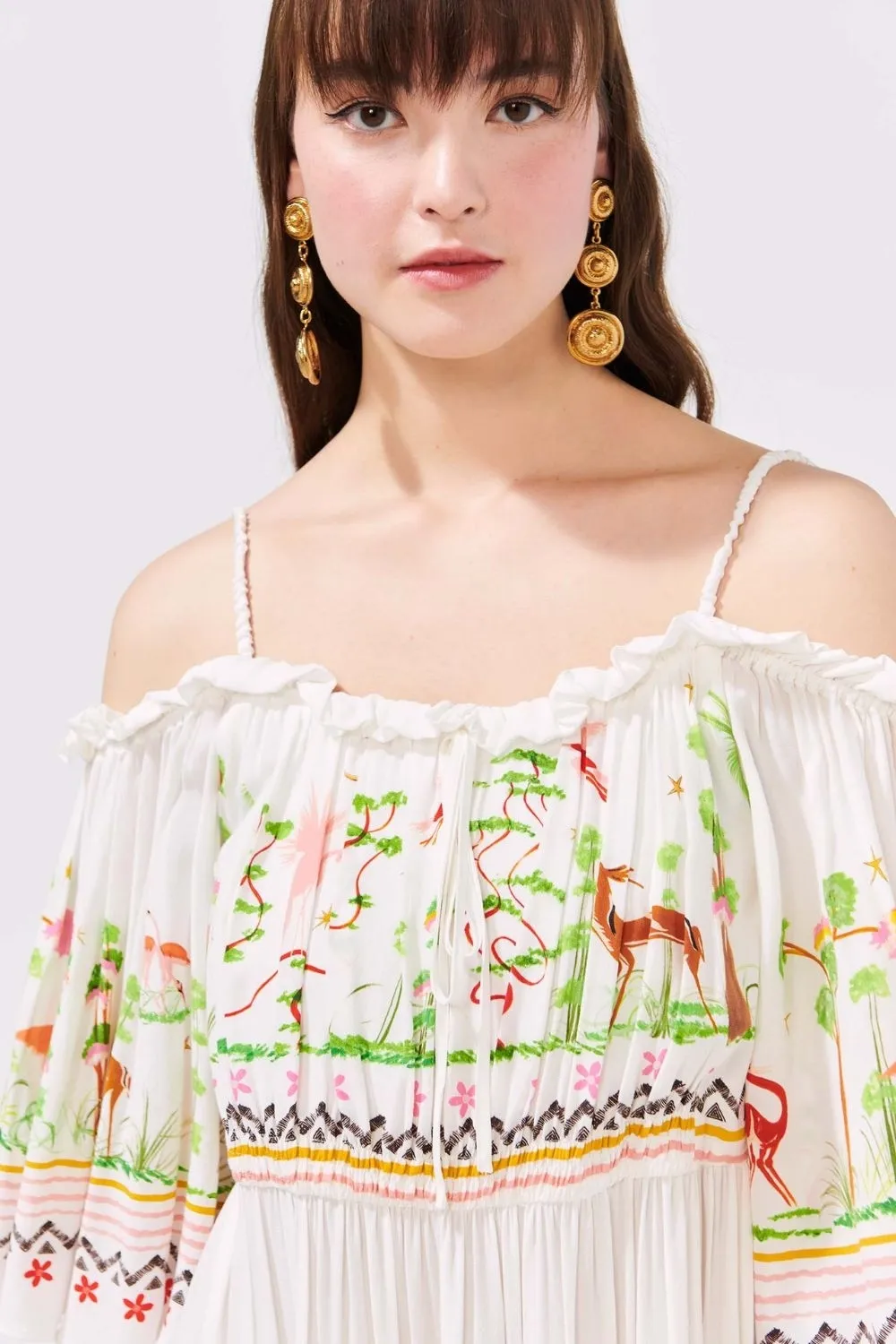 Memories of Utopia Off the Shoulder Viscose Crepe Gathered Dress in White