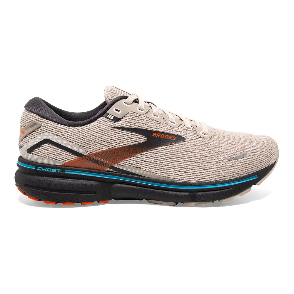 Men's Brooks Ghost 15, White Sand/Red Orange/Blue, 10 D Medium