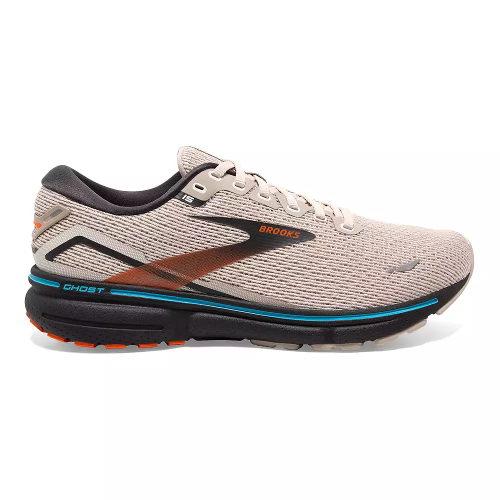 Men's Brooks Ghost 15, White Sand/Red Orange/Blue, 7.5 D Medium