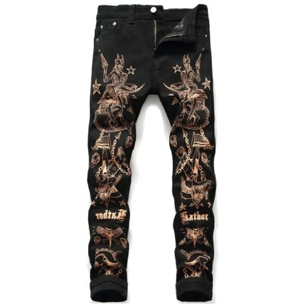 Men's Letters Print Slightly Elastic Small Straight Skinny Nightclub Jeans