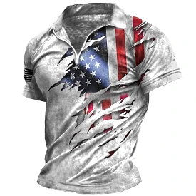 Men's Vintage American Flag Print Zip Lapel T-Shirt