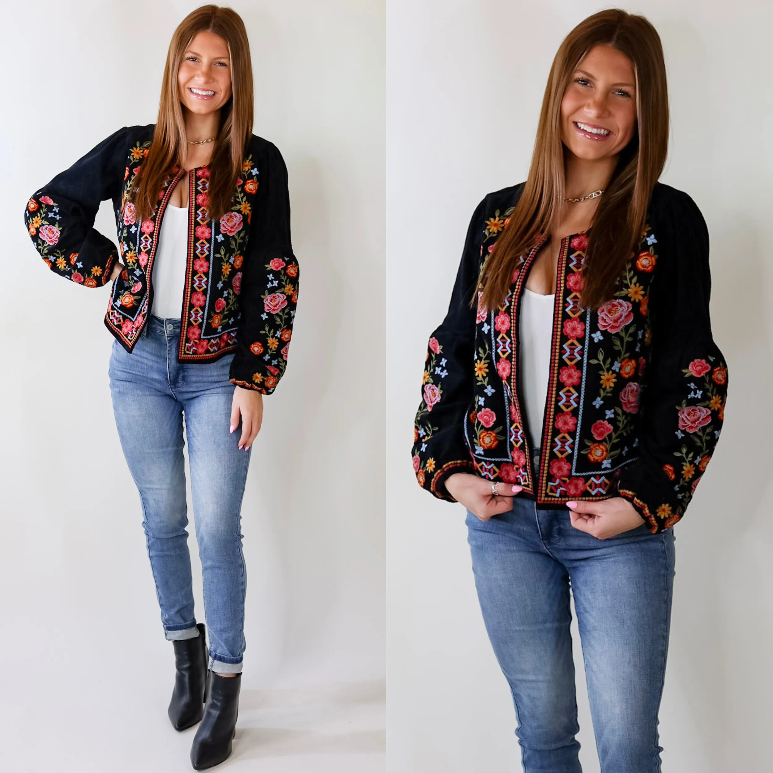 More To Say Corduroy Floral Embroidered Jacket in Black