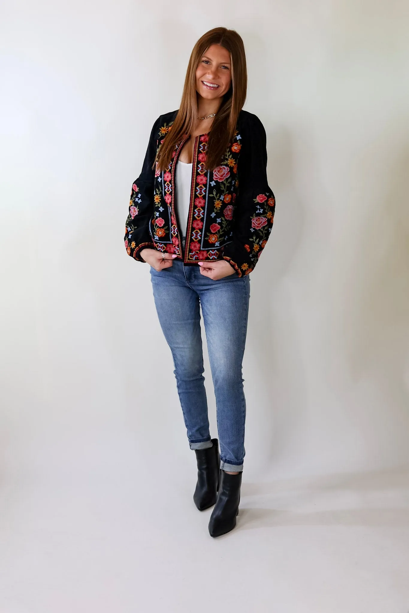 More To Say Corduroy Floral Embroidered Jacket in Black