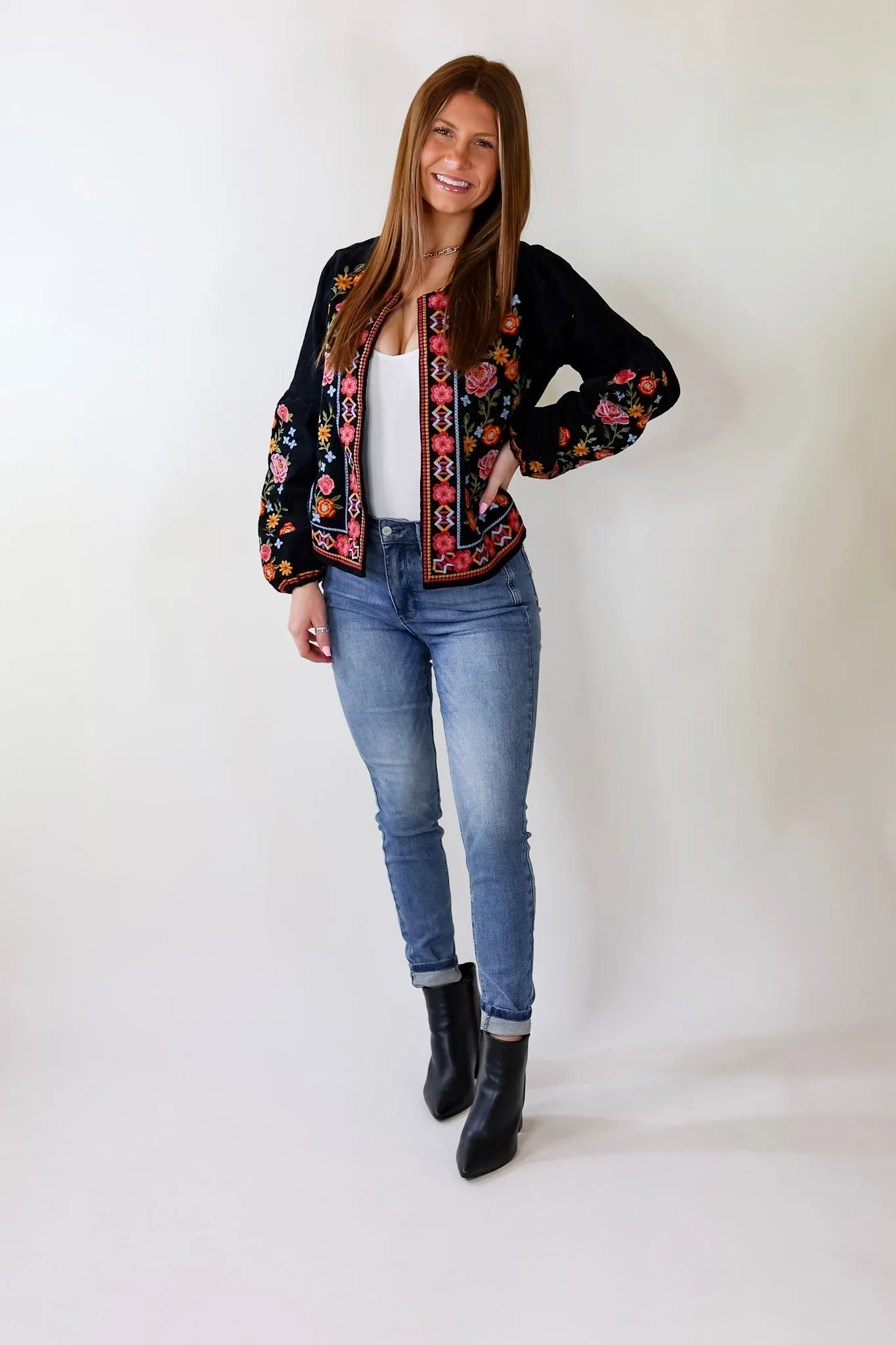 More To Say Corduroy Floral Embroidered Jacket in Black