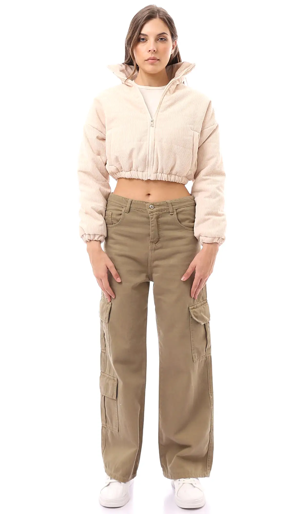 O174444 Beige Full Zipper Corduroy Cropped Jacket