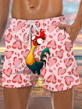 Pink Love And Cartoon Cock Print Pocket Casual Shorts