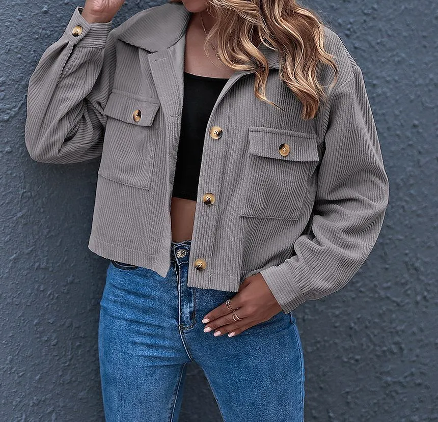 Plain Corduroy Cropped Shirt Jacket OF8