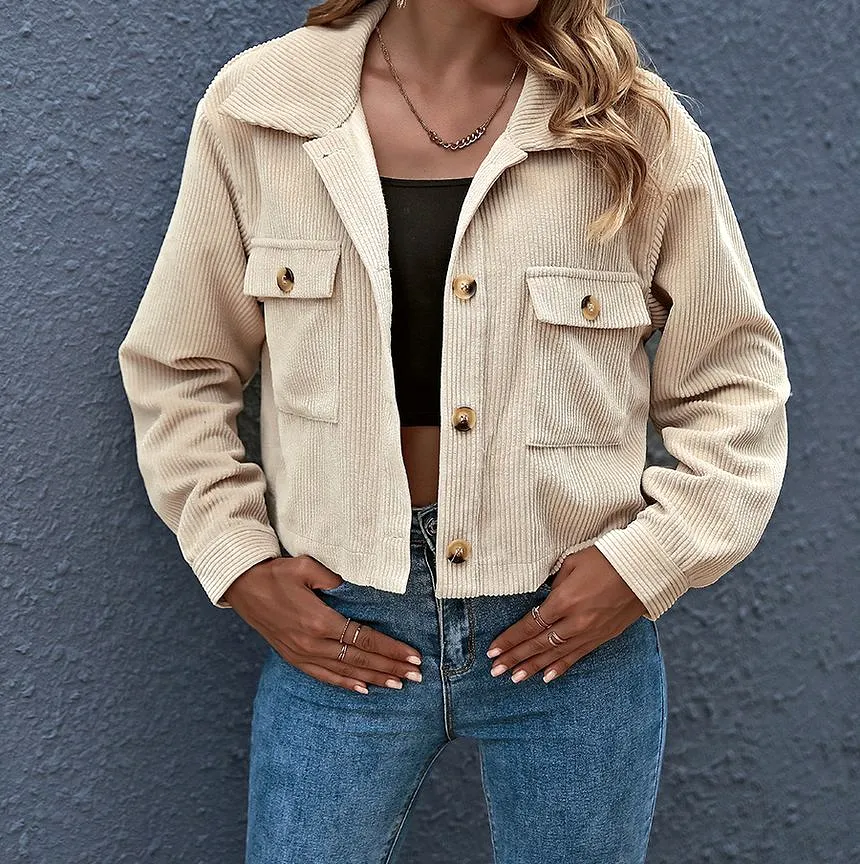 Plain Corduroy Cropped Shirt Jacket OF8