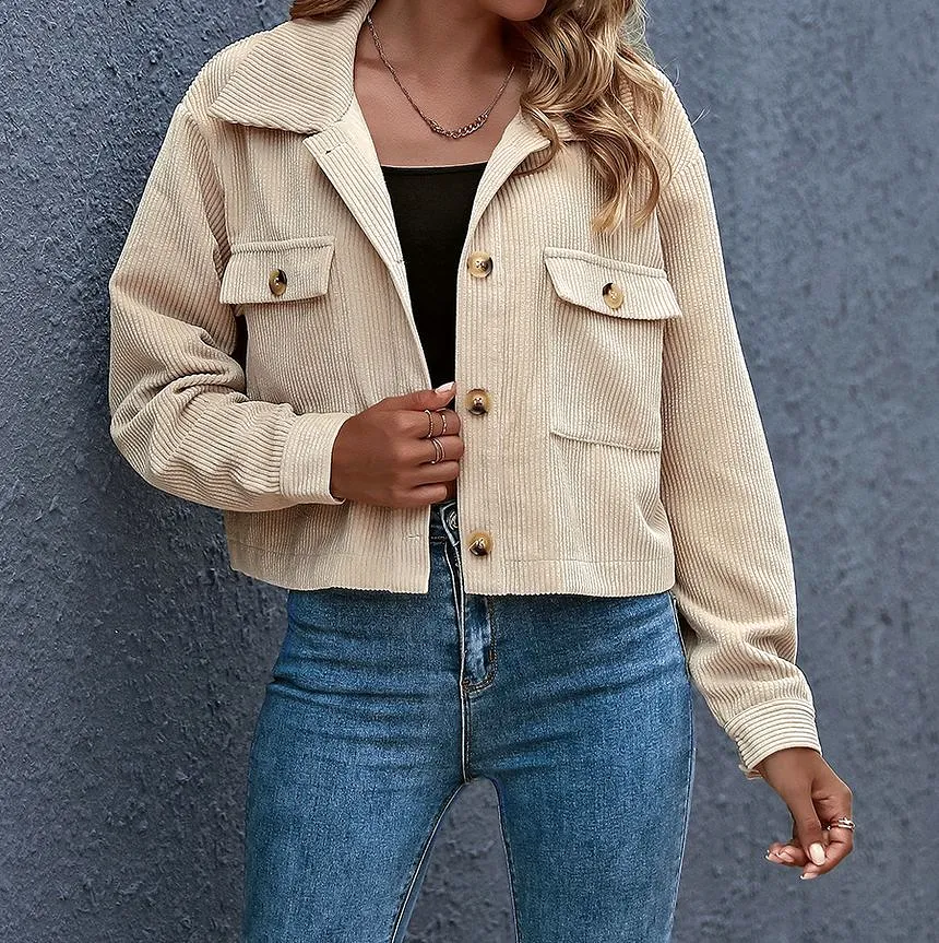 Plain Corduroy Cropped Shirt Jacket OF8