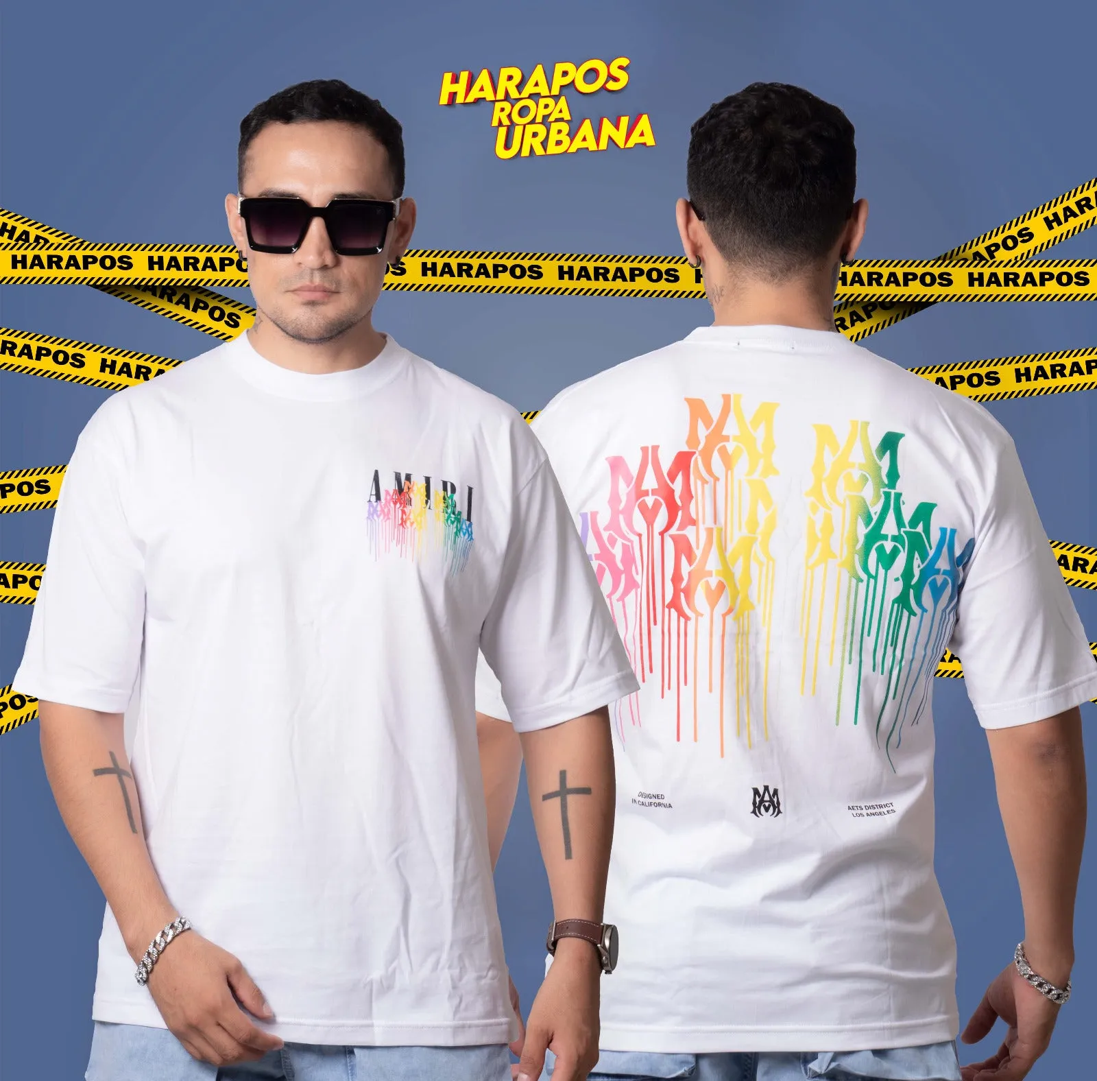 Polera amiri blanca oversize letras arcoiris derretidas