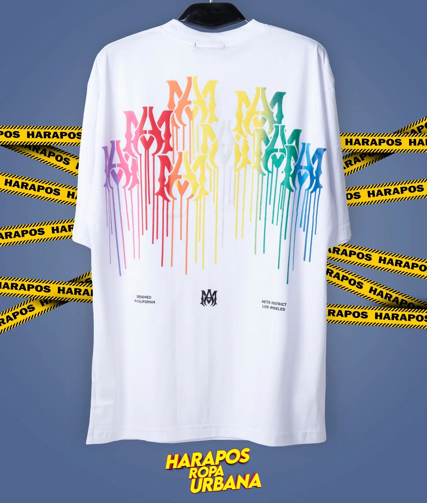 Polera amiri blanca oversize letras arcoiris derretidas