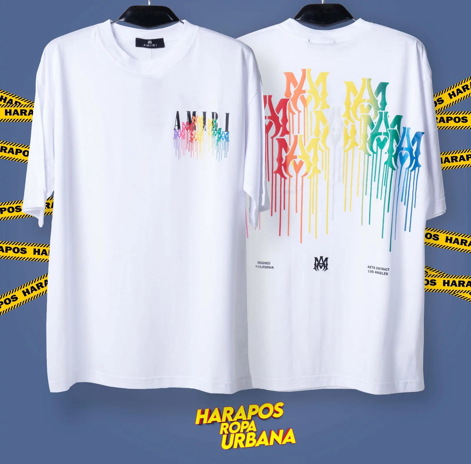 Polera amiri blanca oversize letras arcoiris derretidas