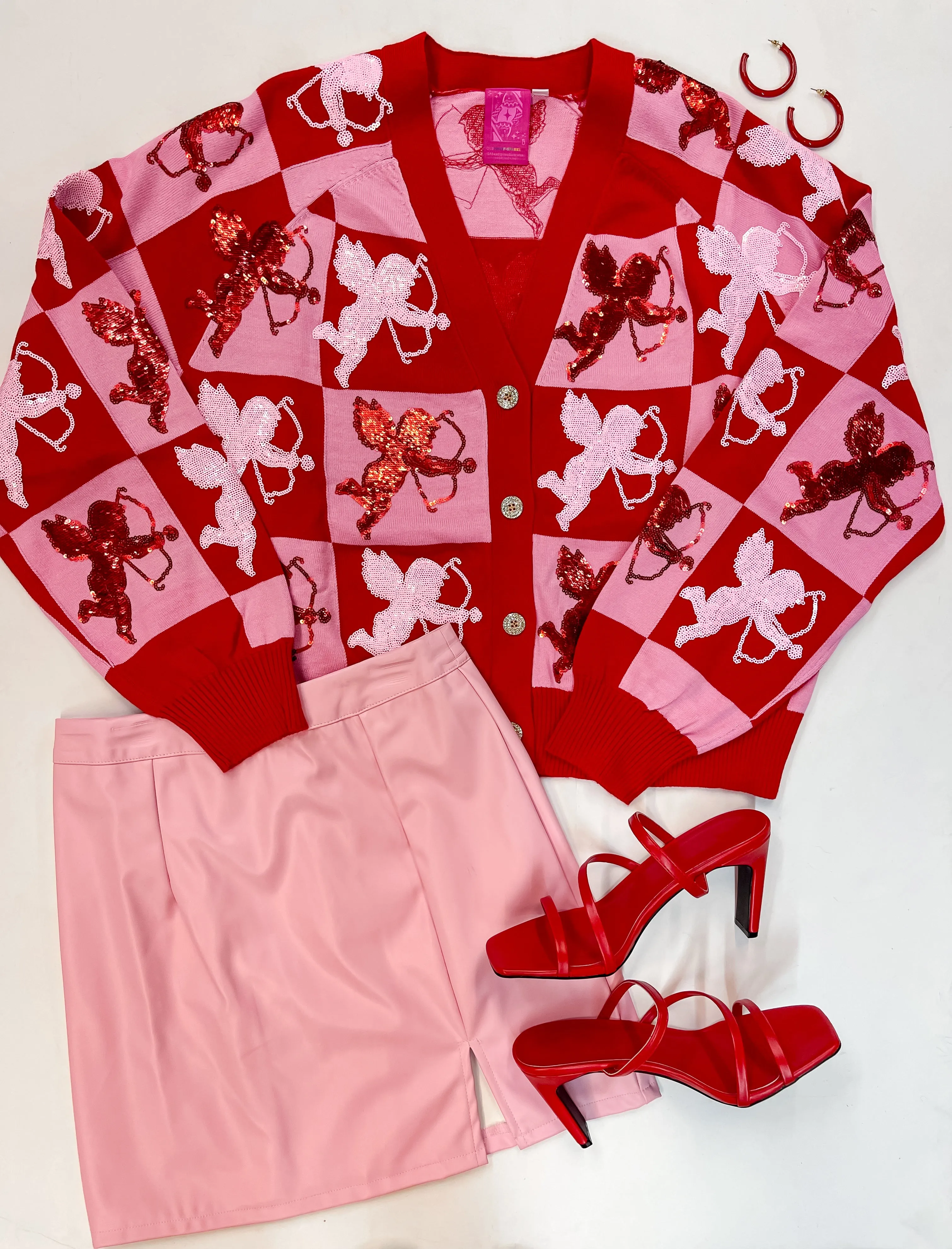 Queen Of Sparkles | Love Struck Fully Sequin Checkered Cardigan in Red and Pink