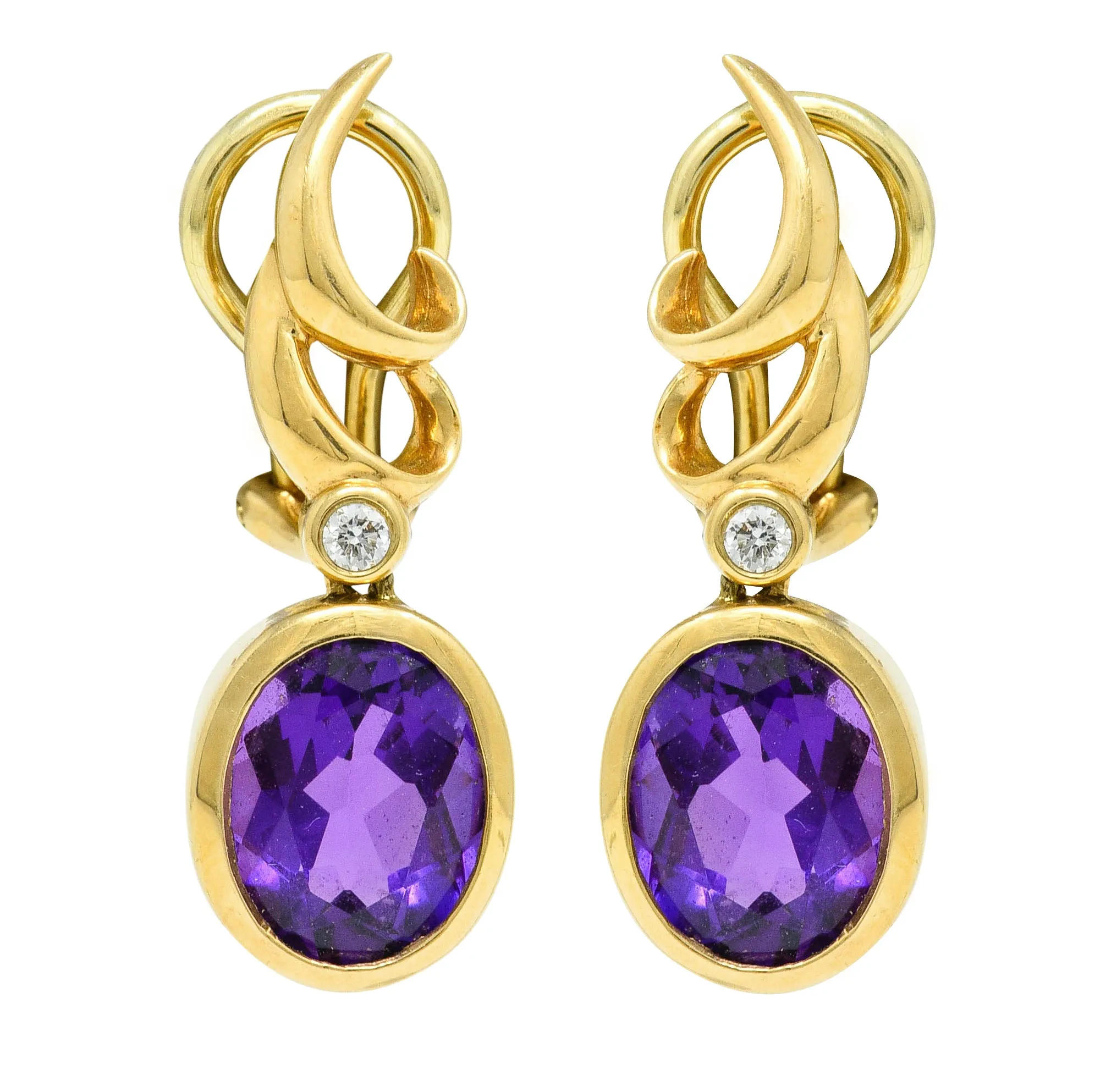 Retro Diamond Amethyst 14 Karat Gold Drop Earrings