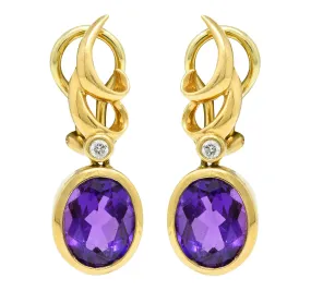 Retro Diamond Amethyst 14 Karat Gold Drop Earrings