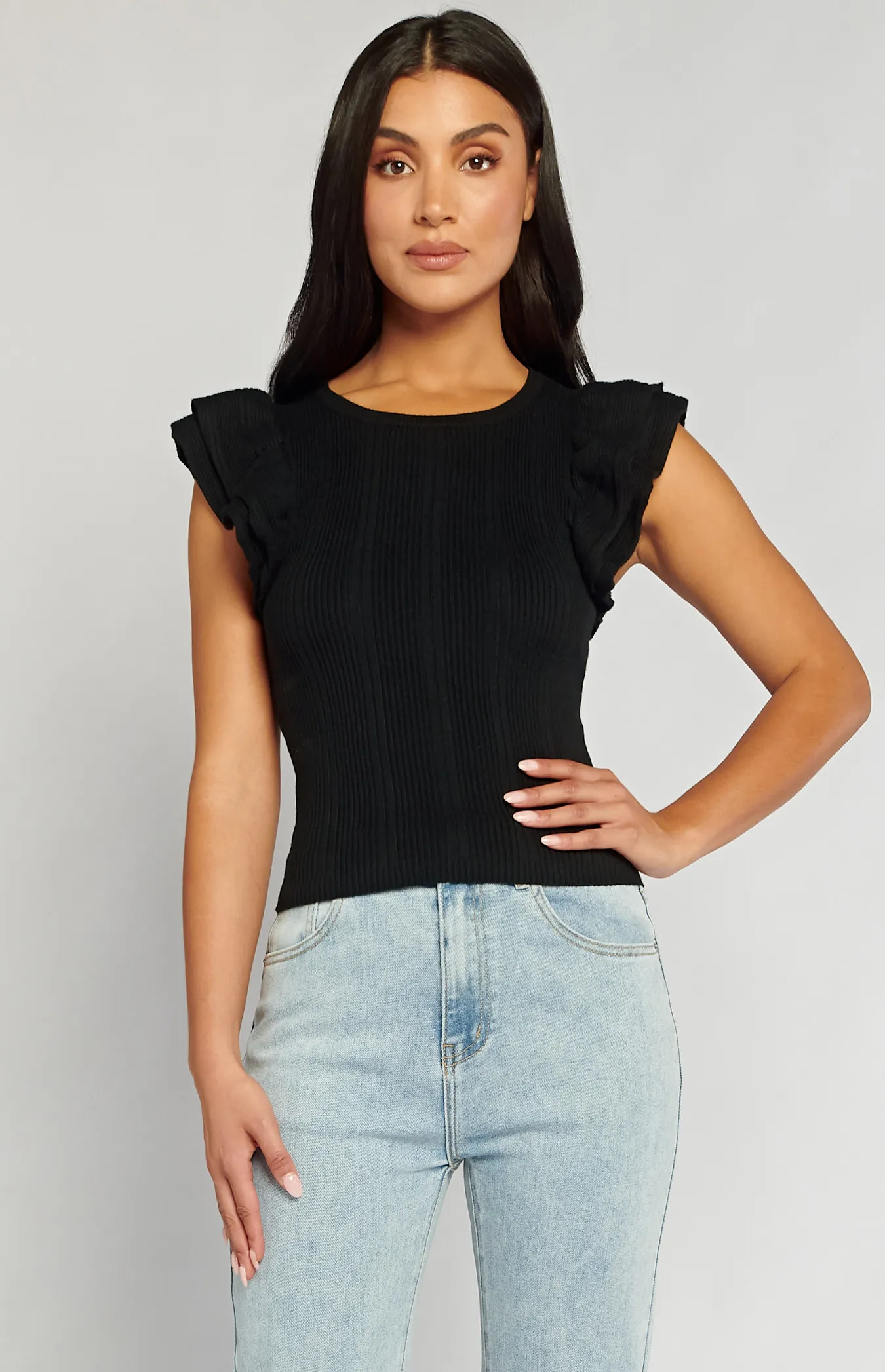 Ribbed Knit Top with Double Frill Sleeve Feature (SKN649)