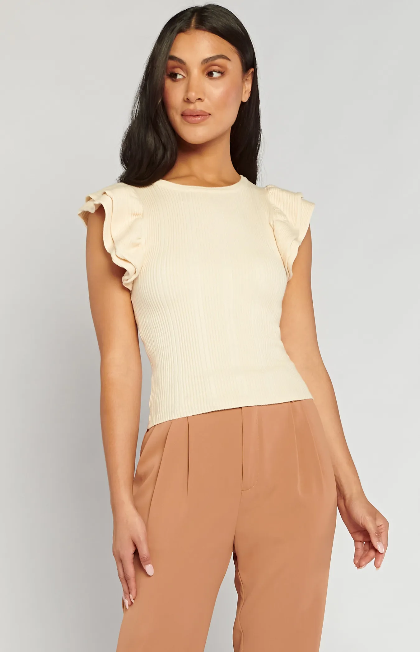 Ribbed Knit Top with Double Frill Sleeve Feature (SKN649)