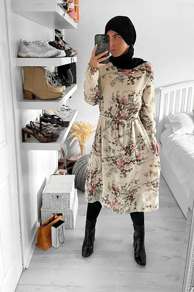 Self Tie Belt Floral Print Chiffon Modest Dress