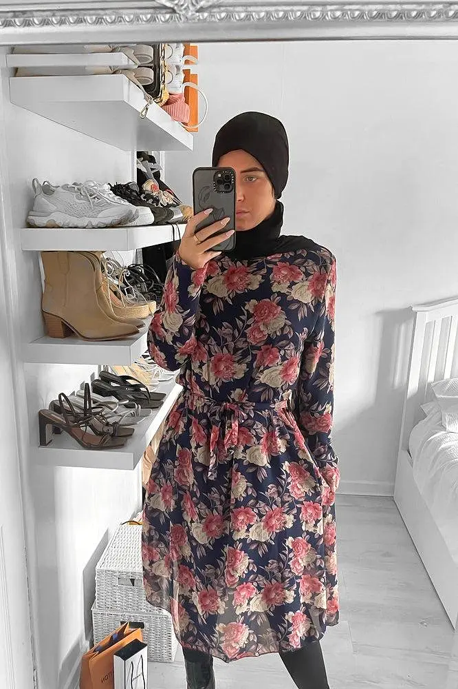 Self Tie Belt Floral Print Chiffon Modest Dress