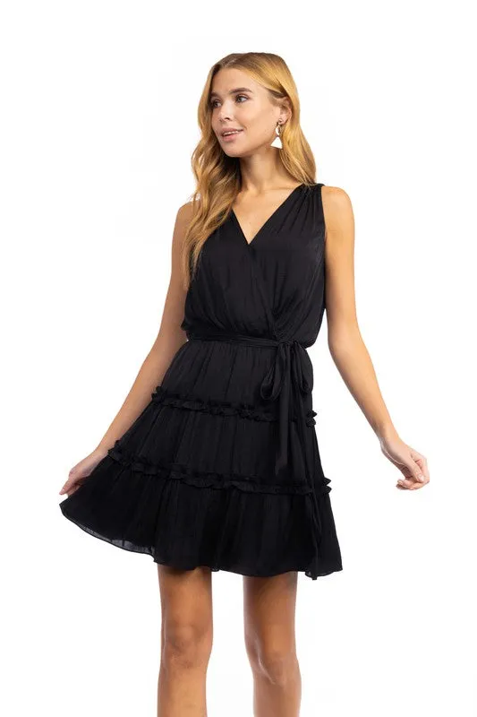 Sleeveless Mini Surplice Dress with Sash Tie Belt - Black