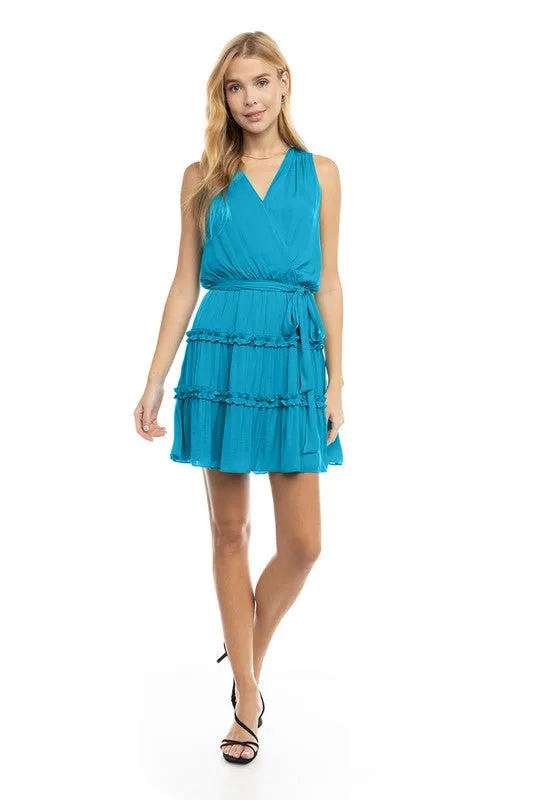 Sleeveless Mini Surplice Dress with Sash Tie Belt - Blue Jewel