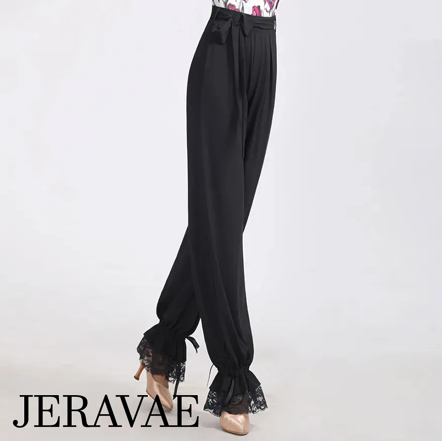 Soft and Stretchy Women's Black Practice or Teaching Dance Pants with Lace Hem, Cinchable Ankle Ties, and Tie Belt PRA 1077 in S