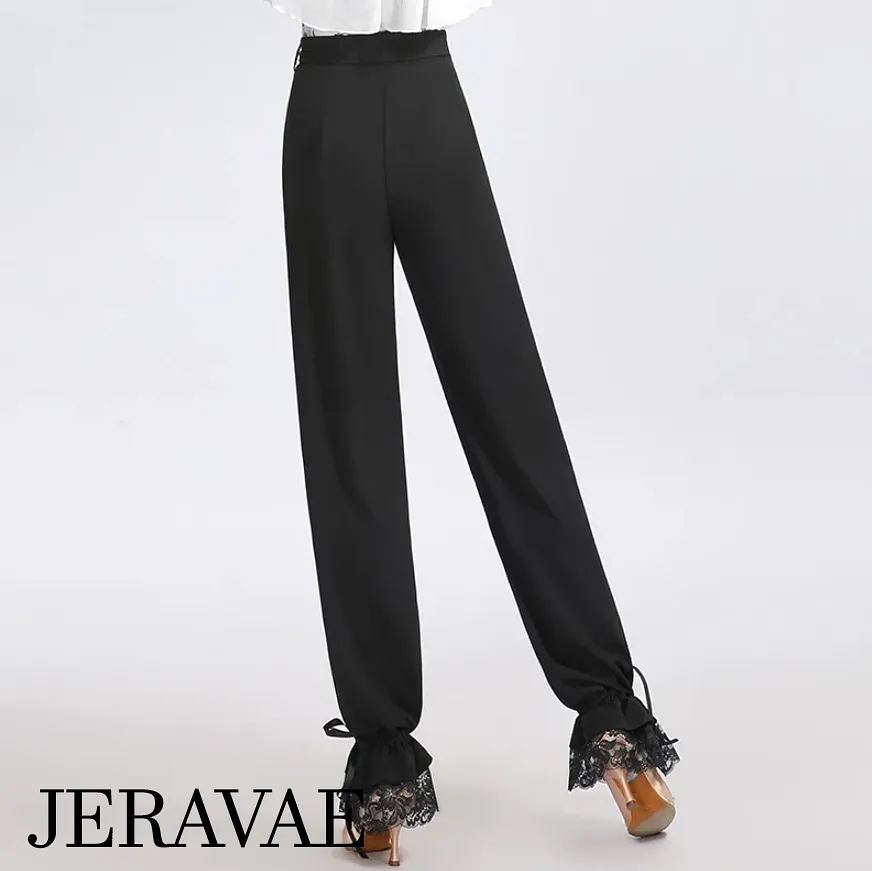 Soft and Stretchy Women's Black Practice or Teaching Dance Pants with Lace Hem, Cinchable Ankle Ties, and Tie Belt PRA 1077 in S