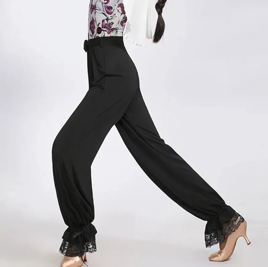 Soft and Stretchy Women's Black Practice or Teaching Dance Pants with Lace Hem, Cinchable Ankle Ties, and Tie Belt PRA 1077 in S