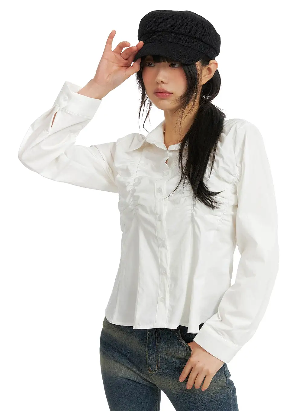 Solid Collar Button Up Shirred Blouse CM413