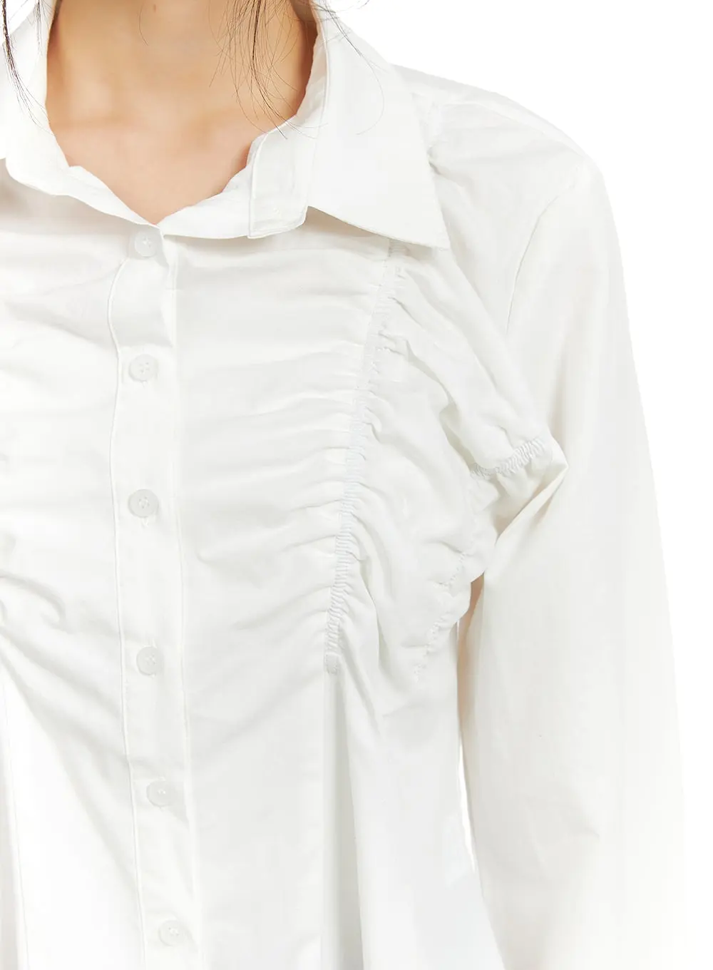 Solid Collar Button Up Shirred Blouse CM413