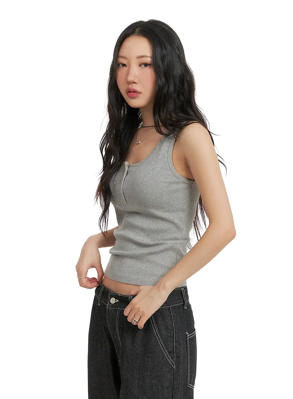 Solid Rib Button-Up Tank Crop Top CM425