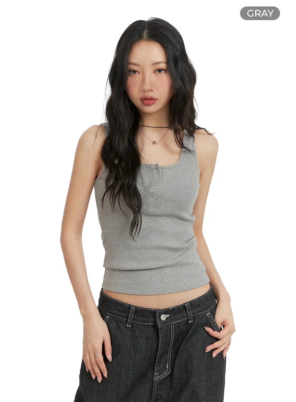 Solid Rib Button-Up Tank Crop Top CM425