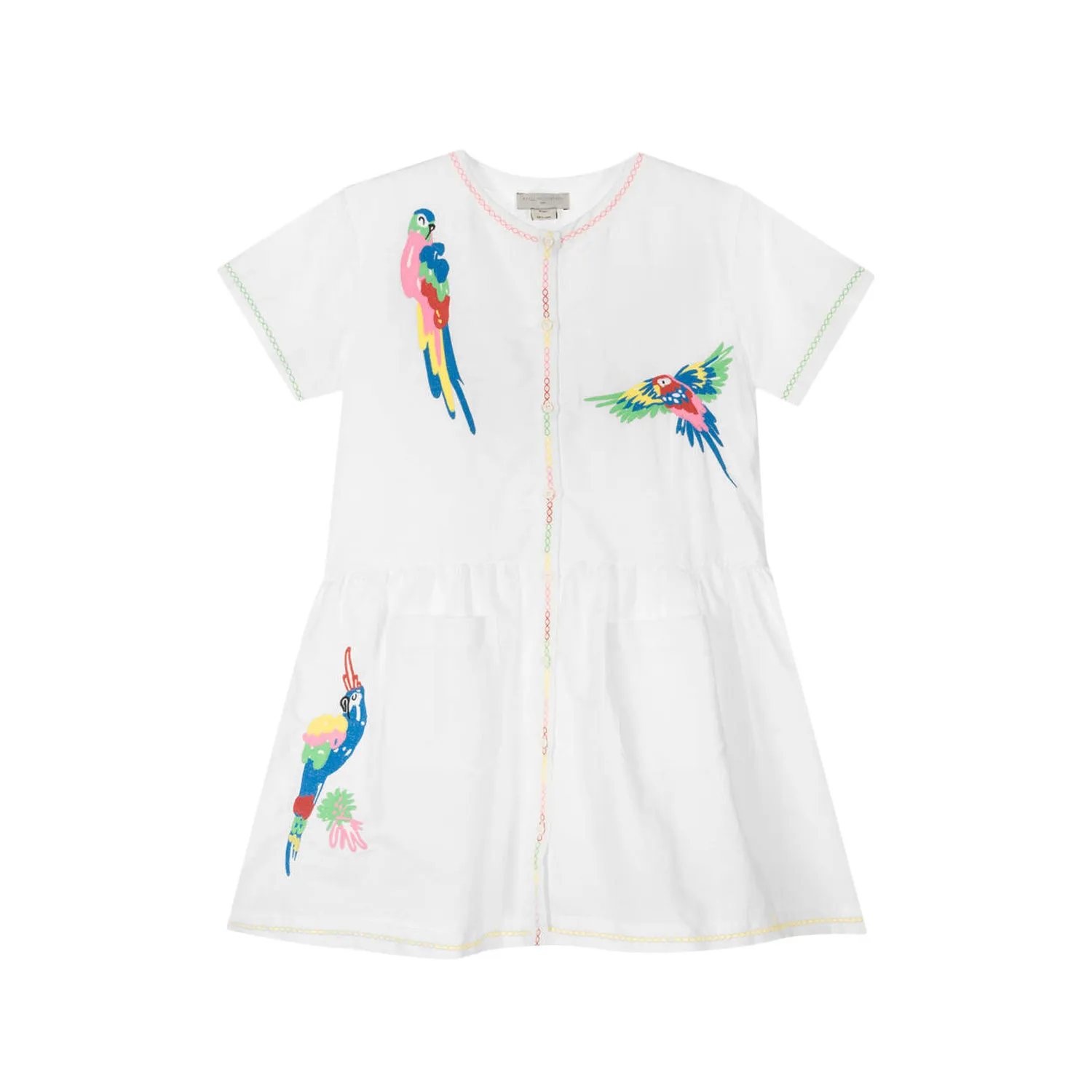 Stella Mccartney White Dress With Multicolor Parrots For Girls