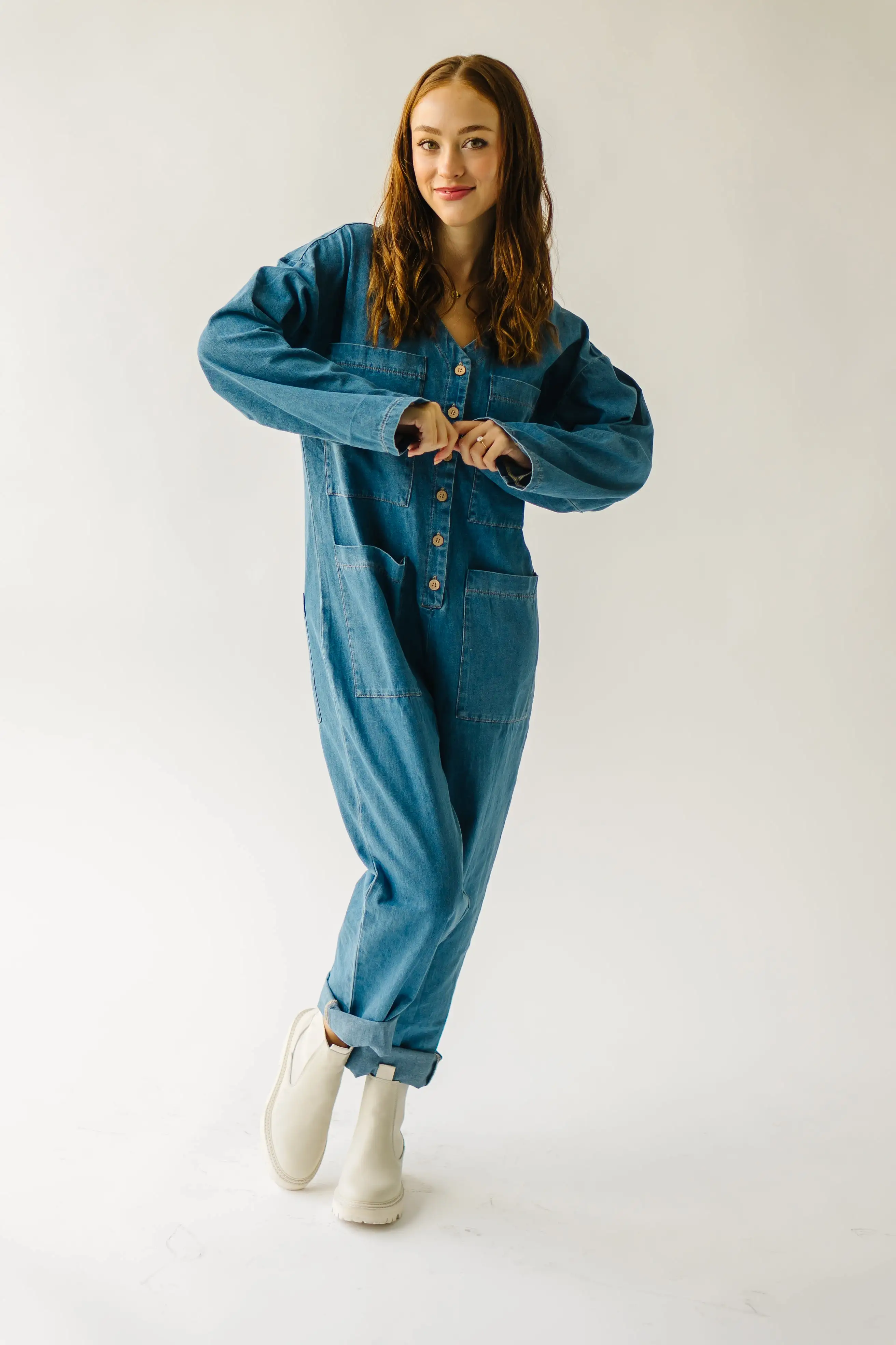 The Adeline Button-Down Jumpsuit in Washed Denim