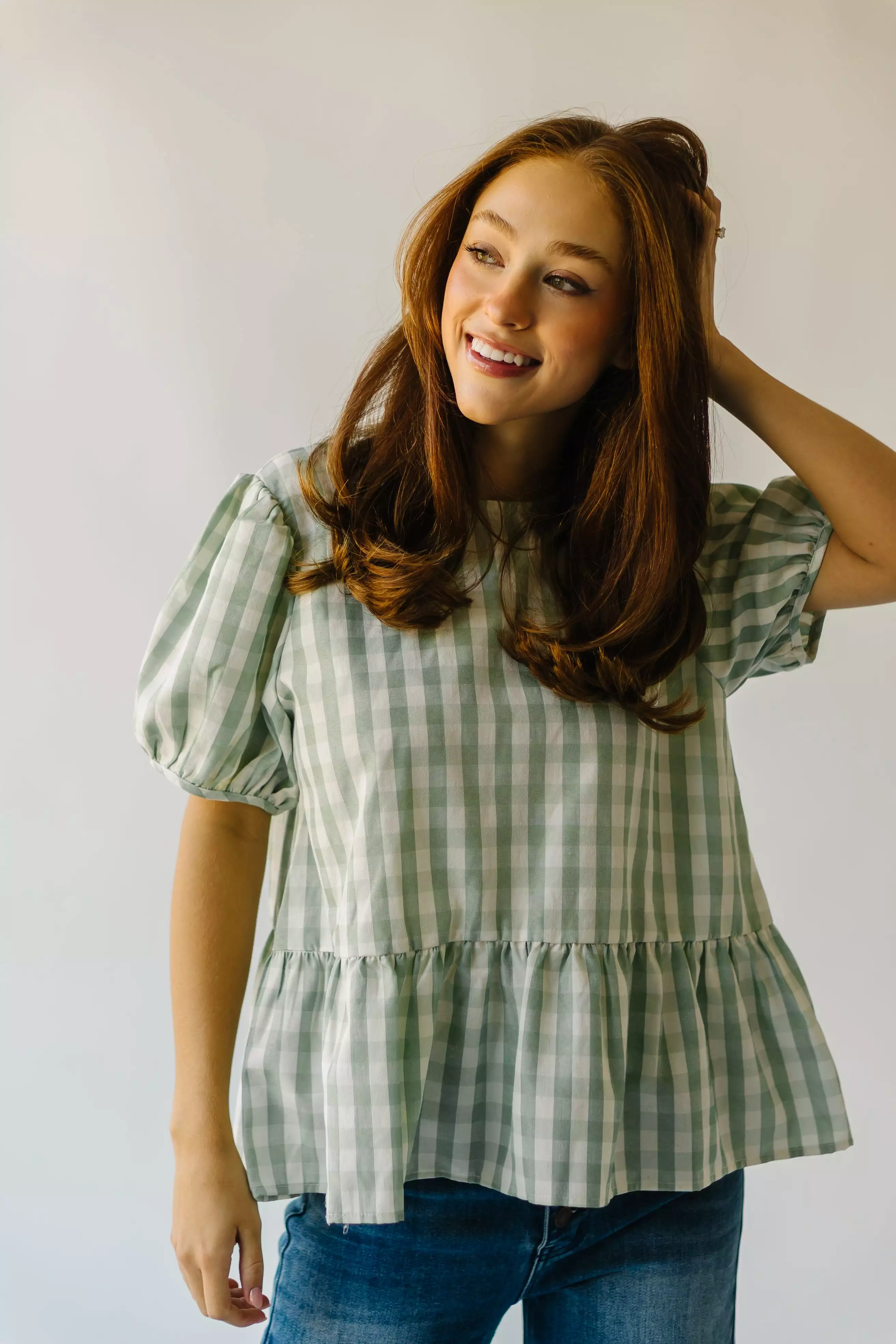 The Arcadia Gingham Puff Sleeve Blouse in Sage