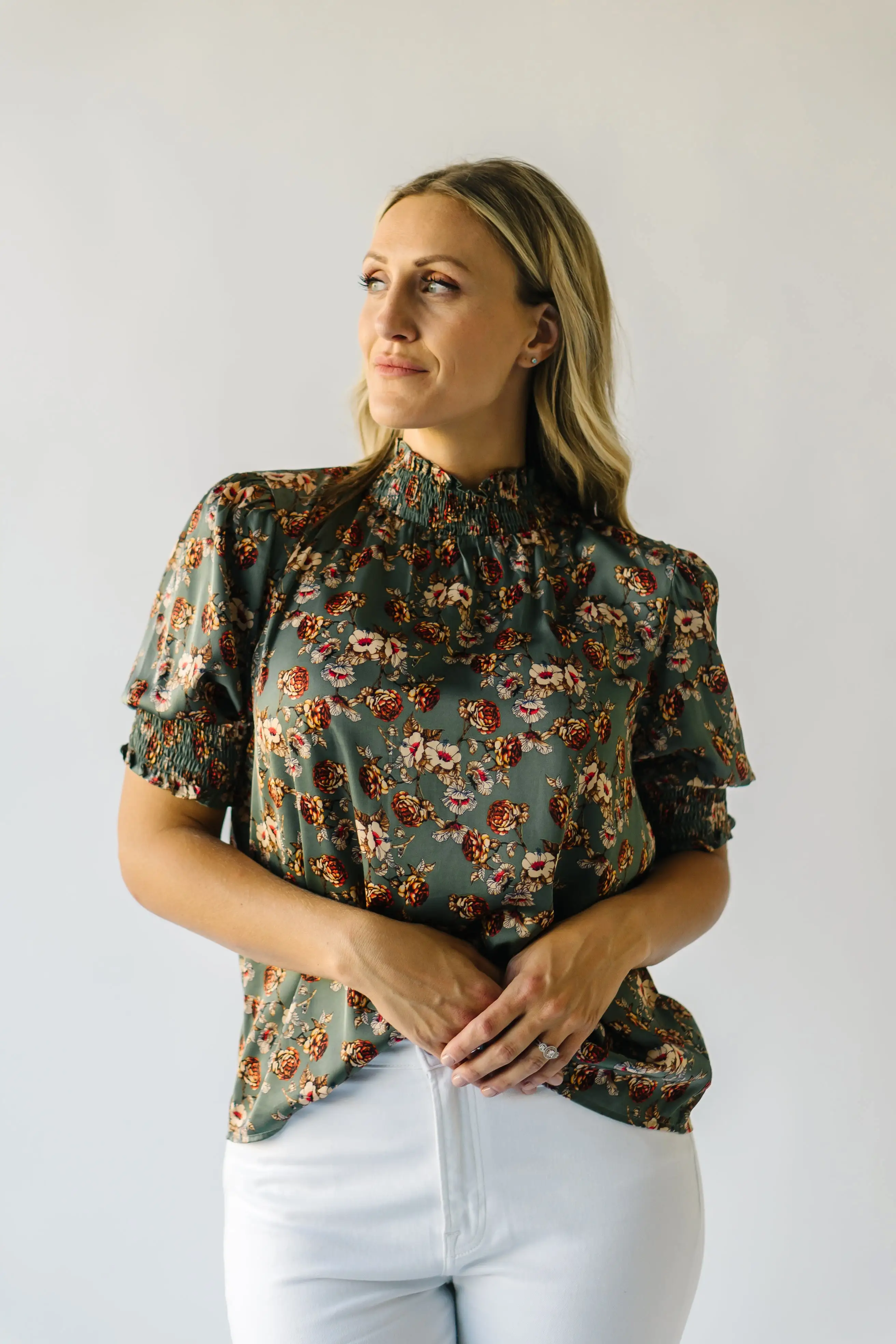 The Creston Smocked Detail Blouse in Olive