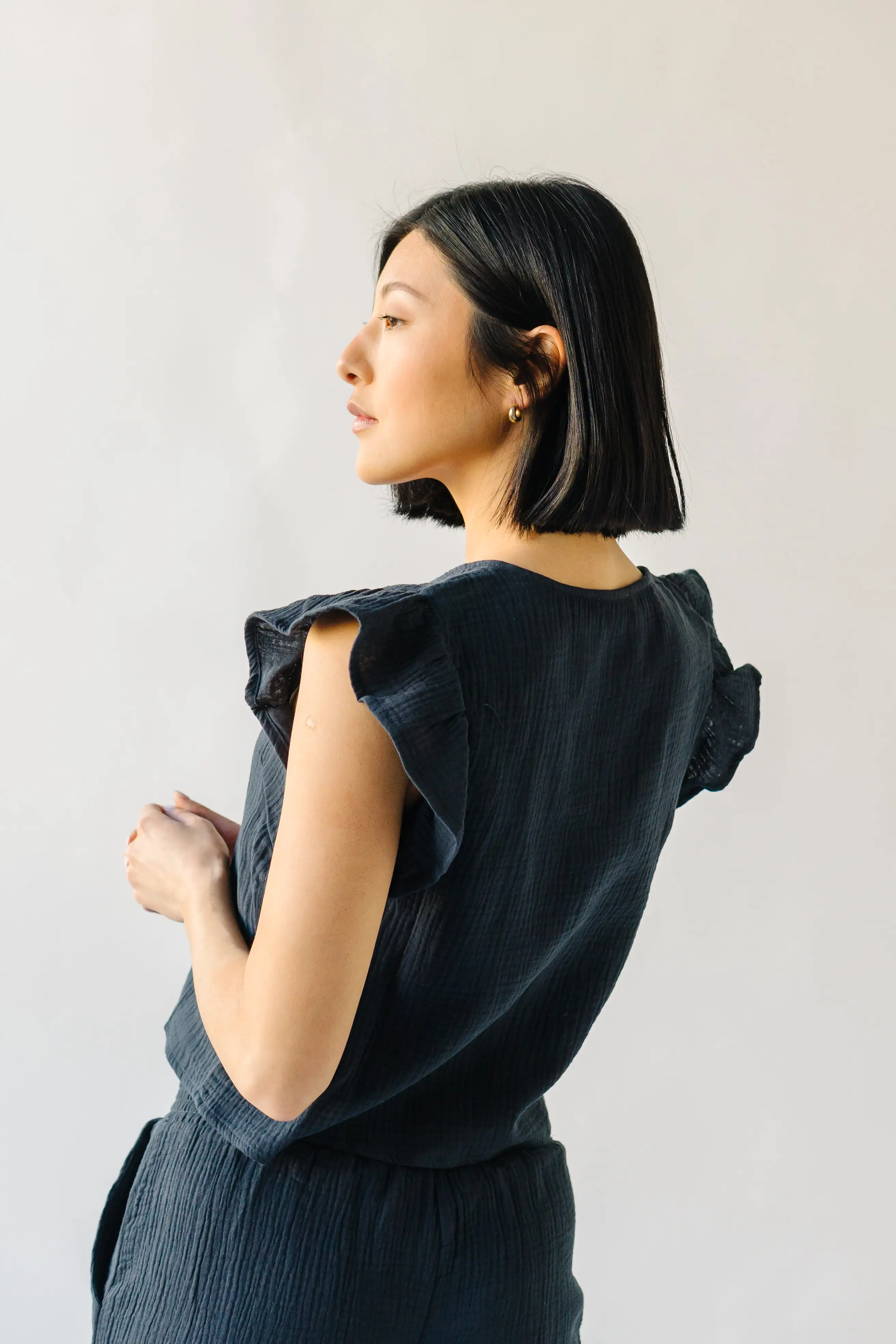 The Danica Ruffle Detail Gauze Blouse in Navy