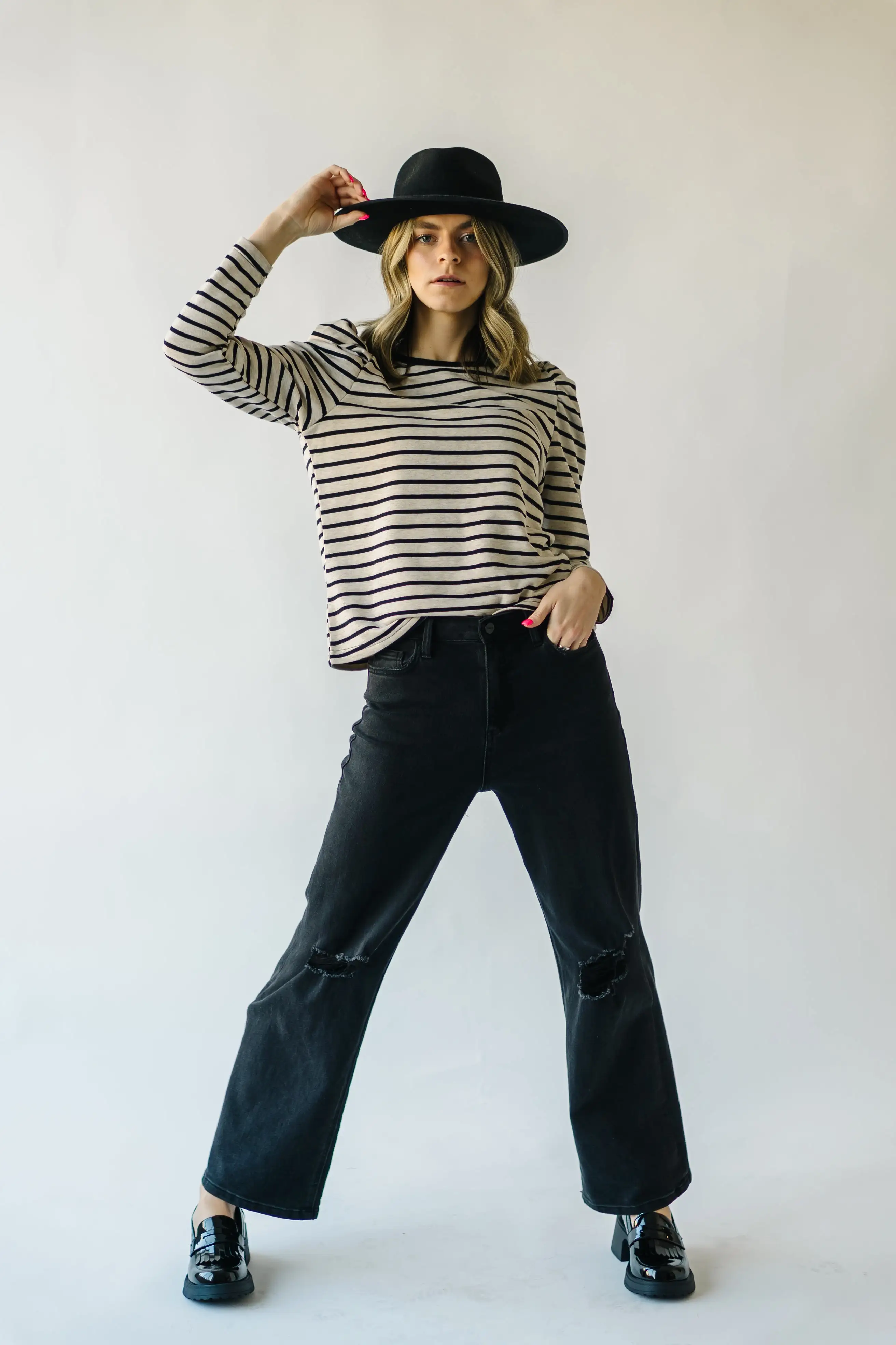 The Delise Puff Sleeve Blouse in Black + Oatmeal Stripe