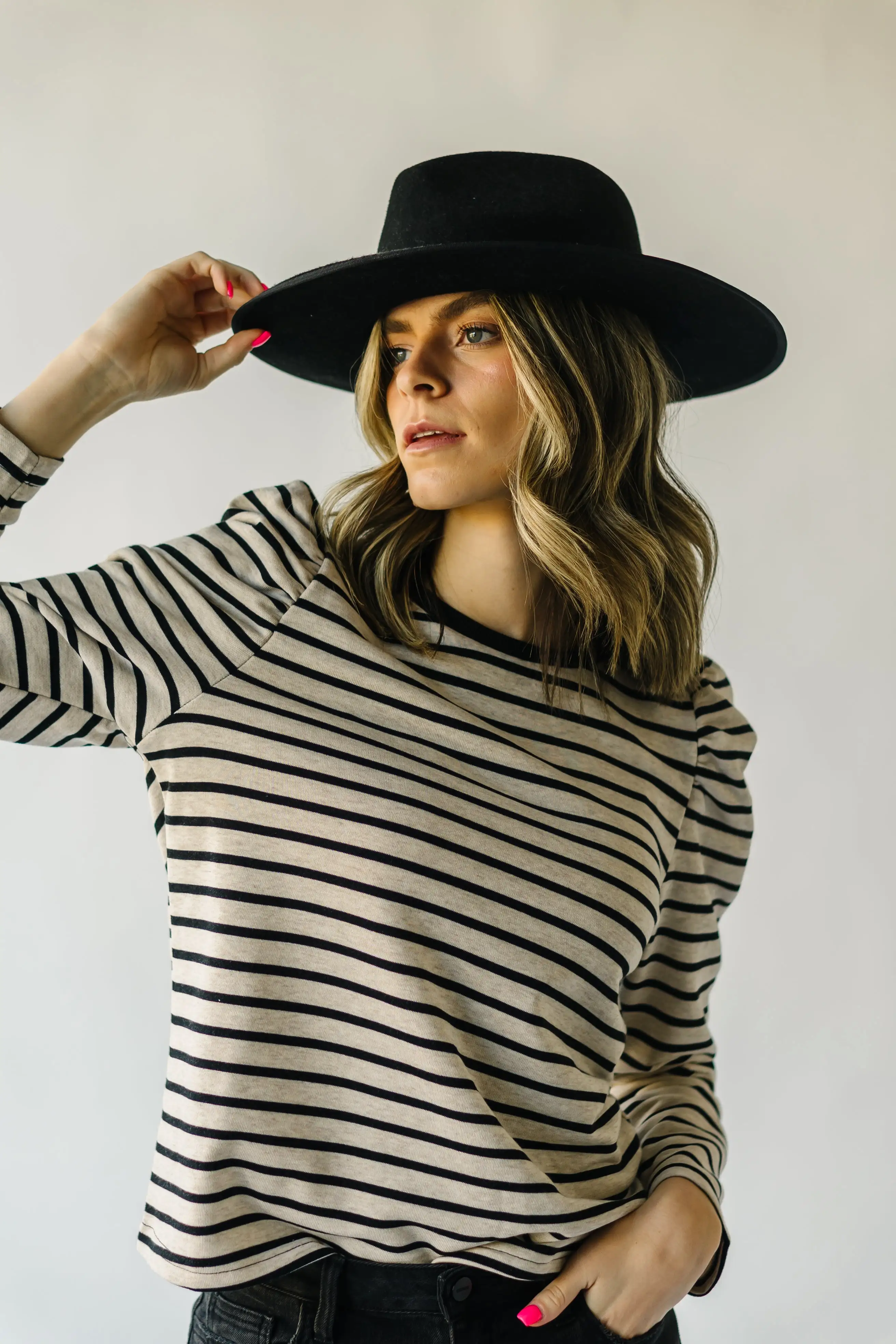 The Delise Puff Sleeve Blouse in Black + Oatmeal Stripe