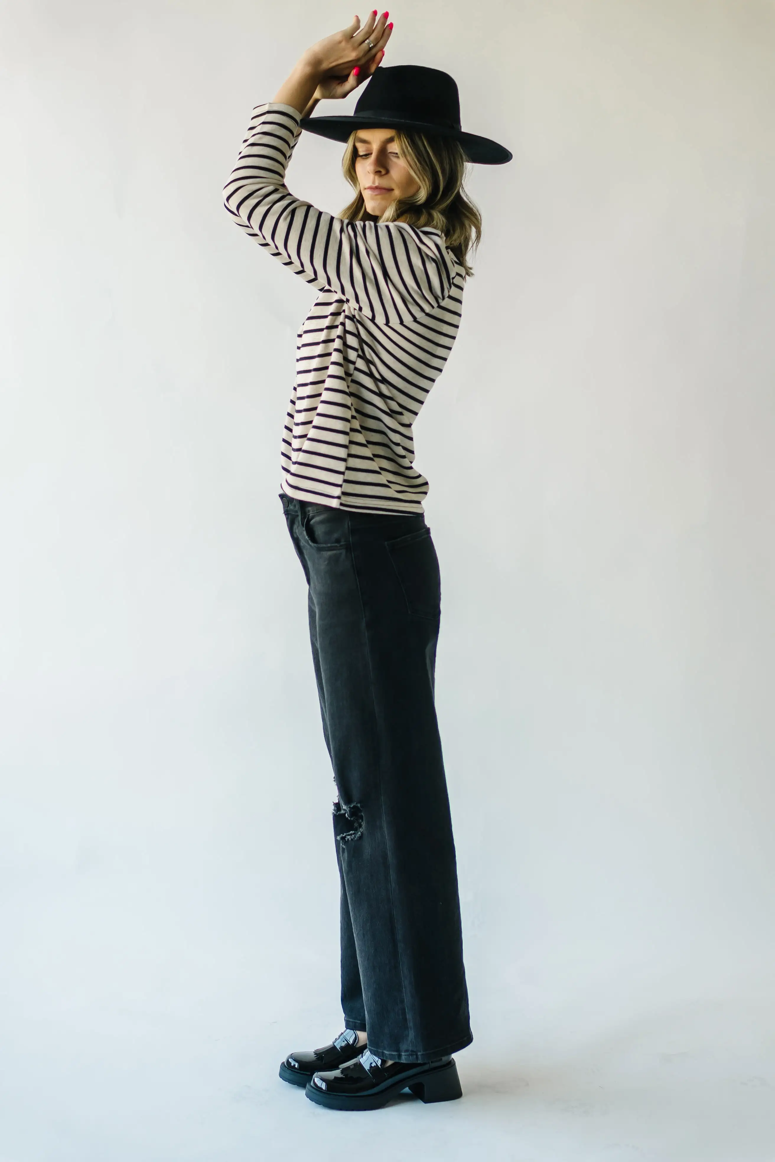 The Delise Puff Sleeve Blouse in Black + Oatmeal Stripe