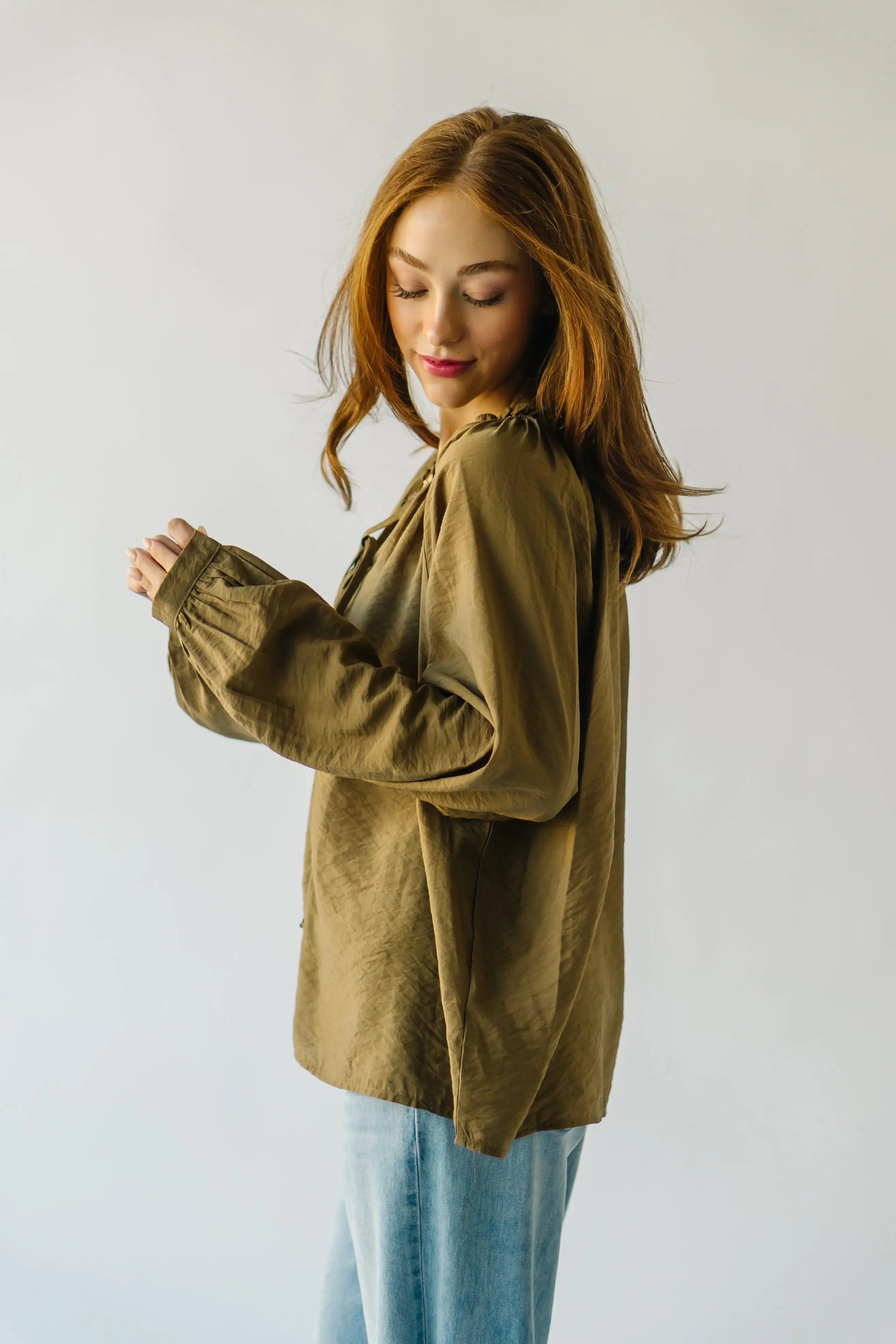 The Delmar Ruffle Detail Blouse in Olive