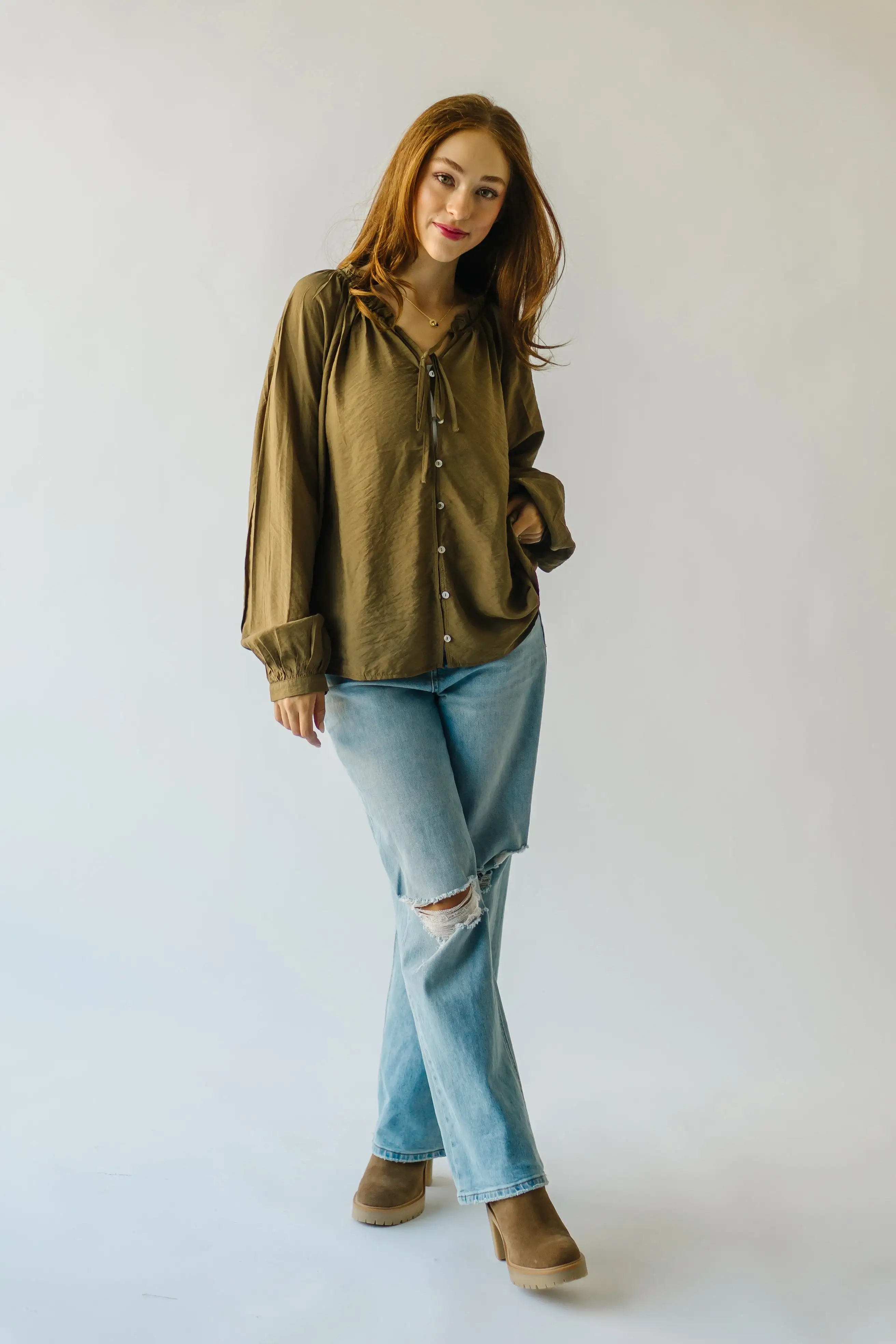 The Delmar Ruffle Detail Blouse in Olive