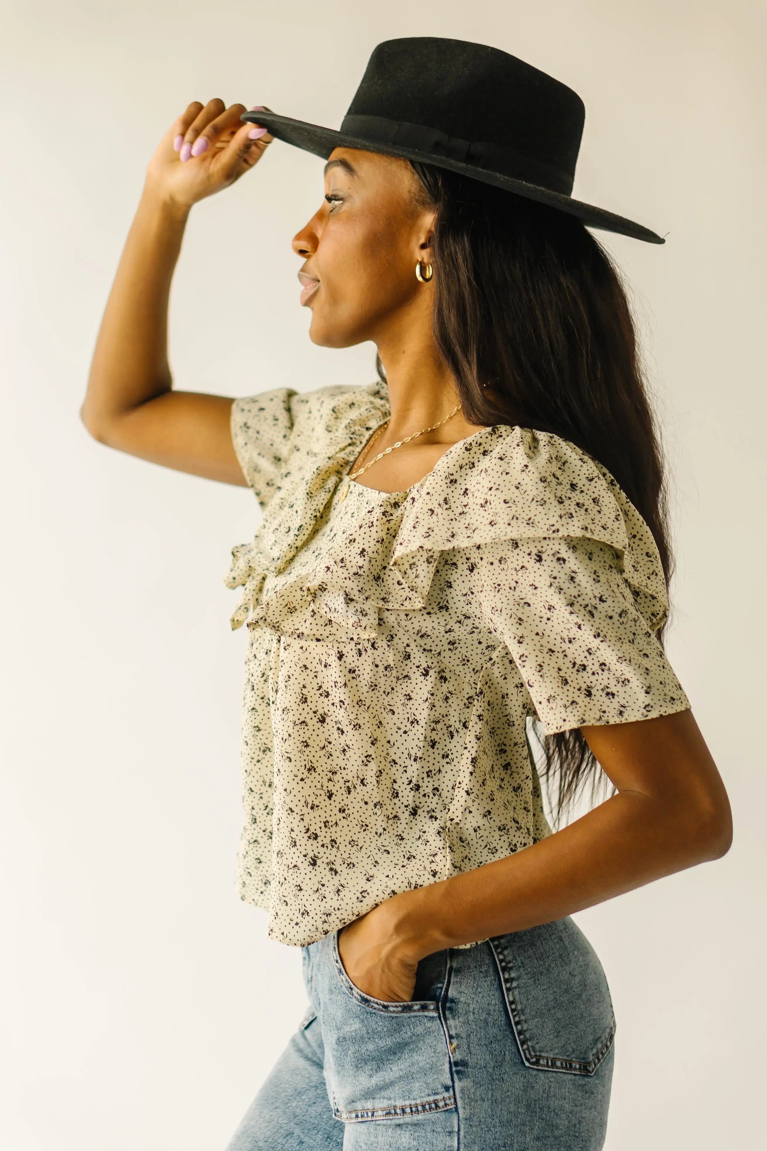 The Dyer Ruffle Detail Blouse in Cream + Black