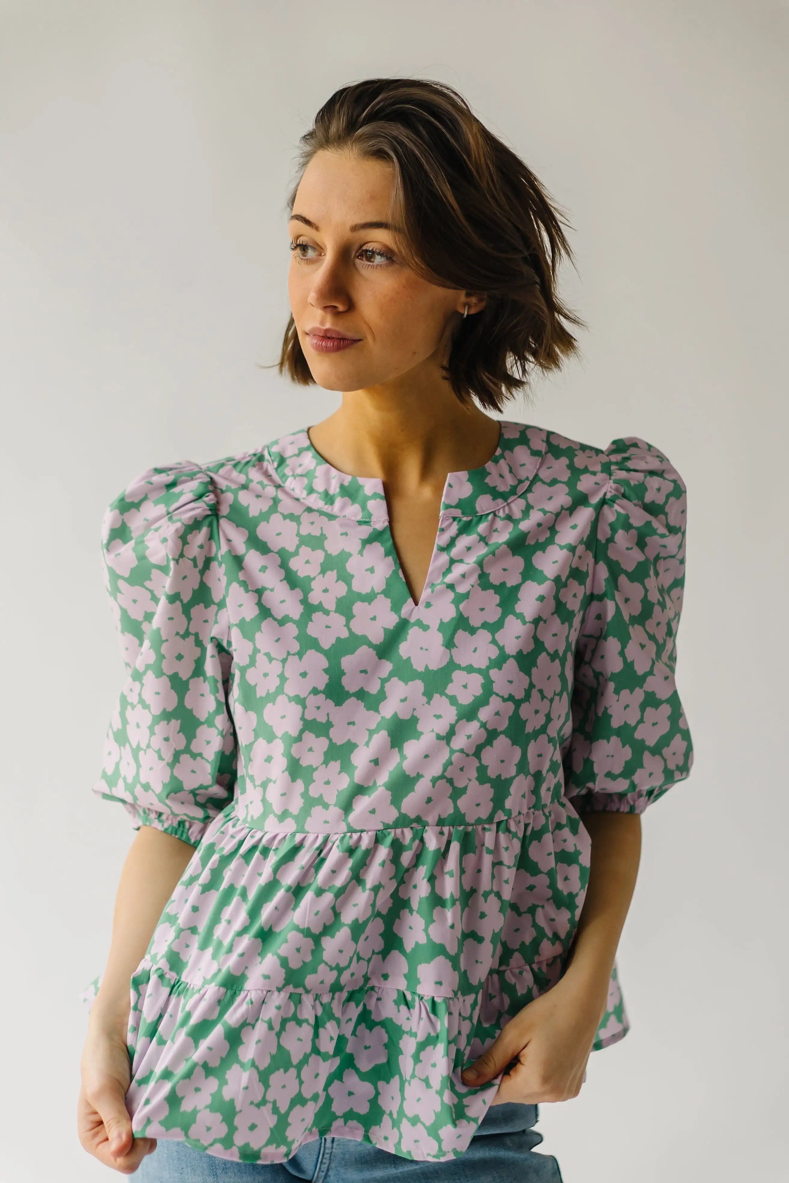 The Everman Patterned Peplum Blouse in Green