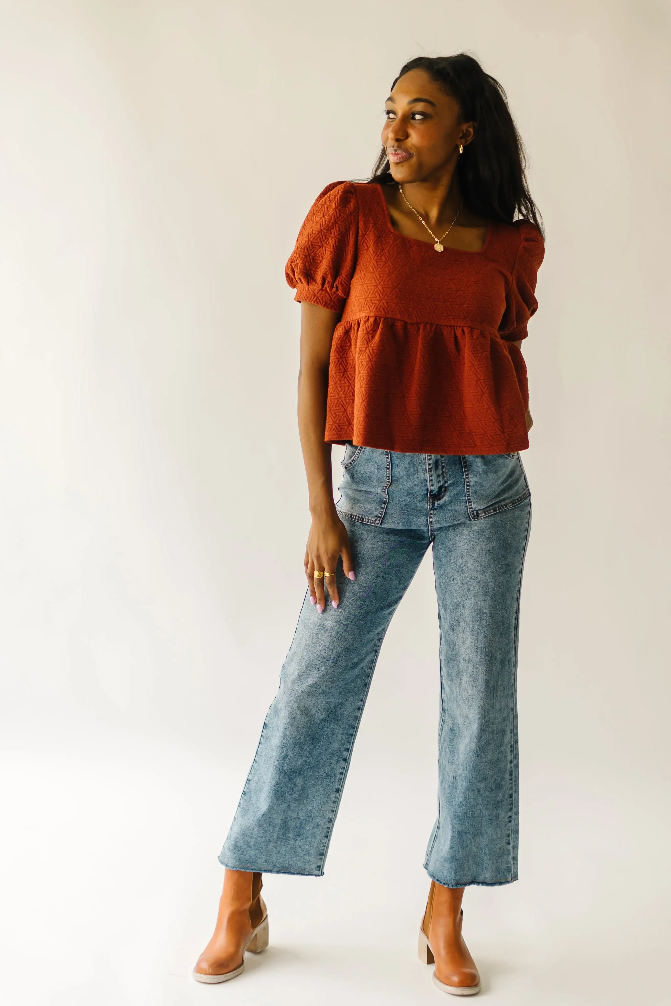 The Greendale Puff Sleeve Knit Blouse in Rust