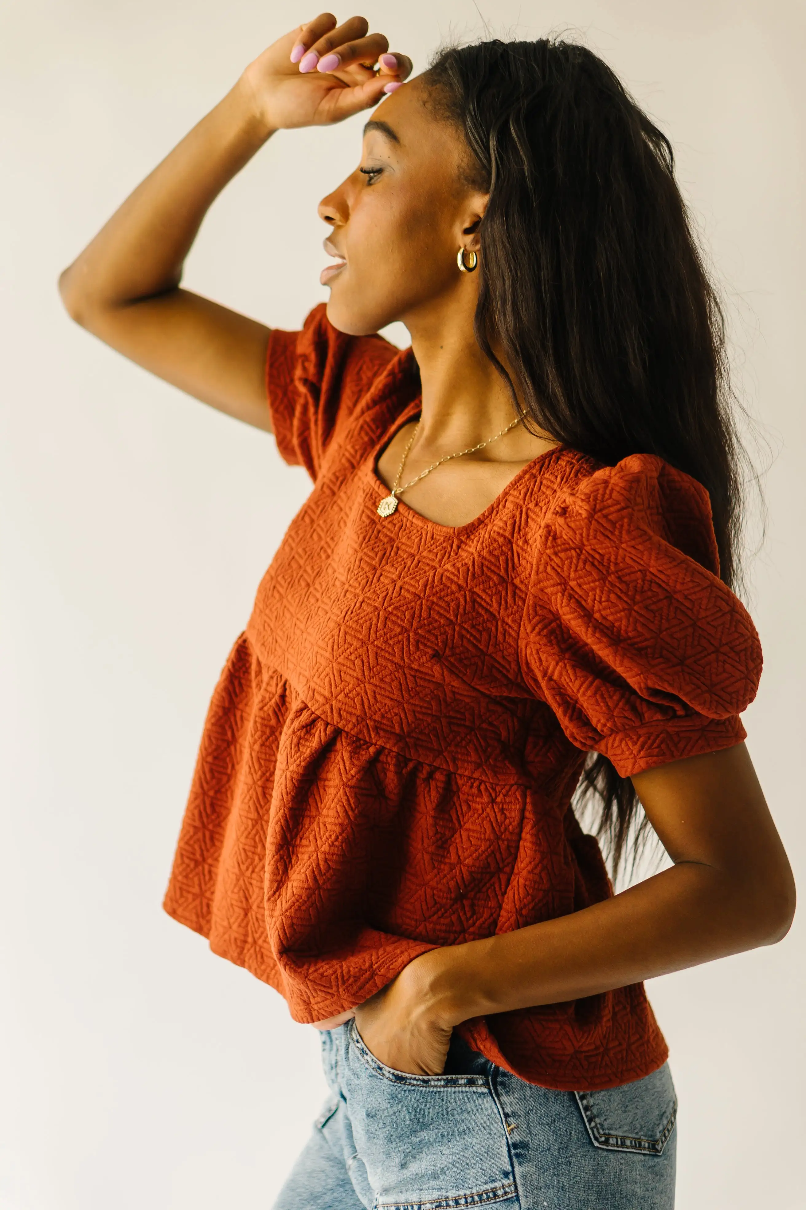 The Greendale Puff Sleeve Knit Blouse in Rust